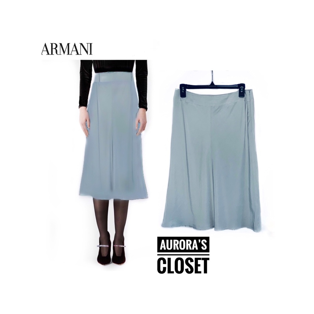 Giorgio Armani 8 Blue Silk Skirt Pencil Knee Flounce IT 44 $1095